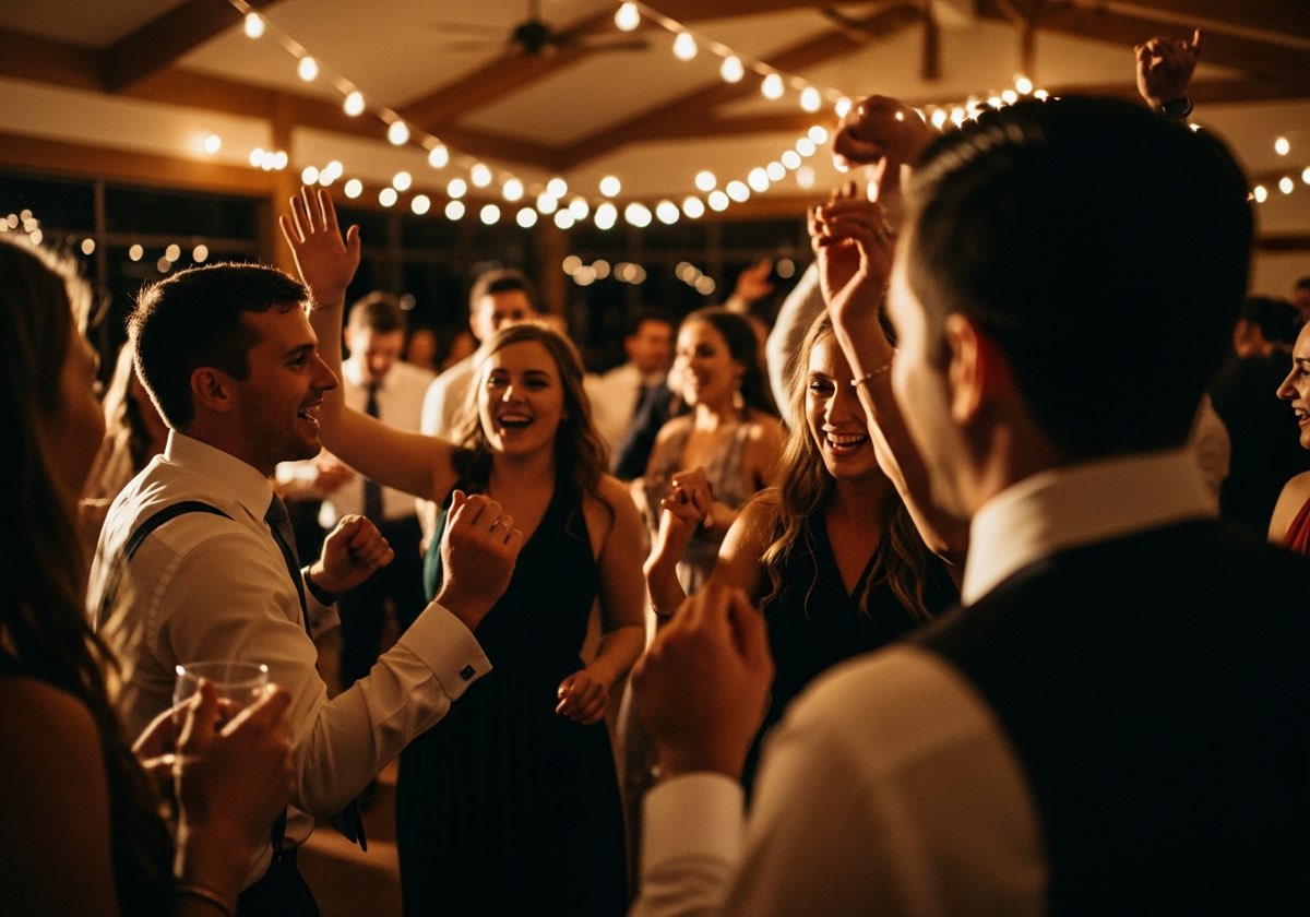 Wedding guests enjoying a busy dance floor