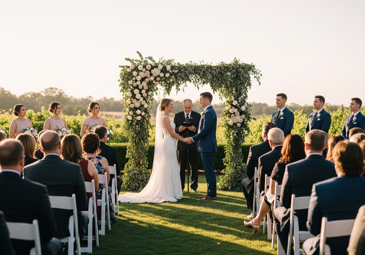 Guests gathered for an outdoor wedding ceremony