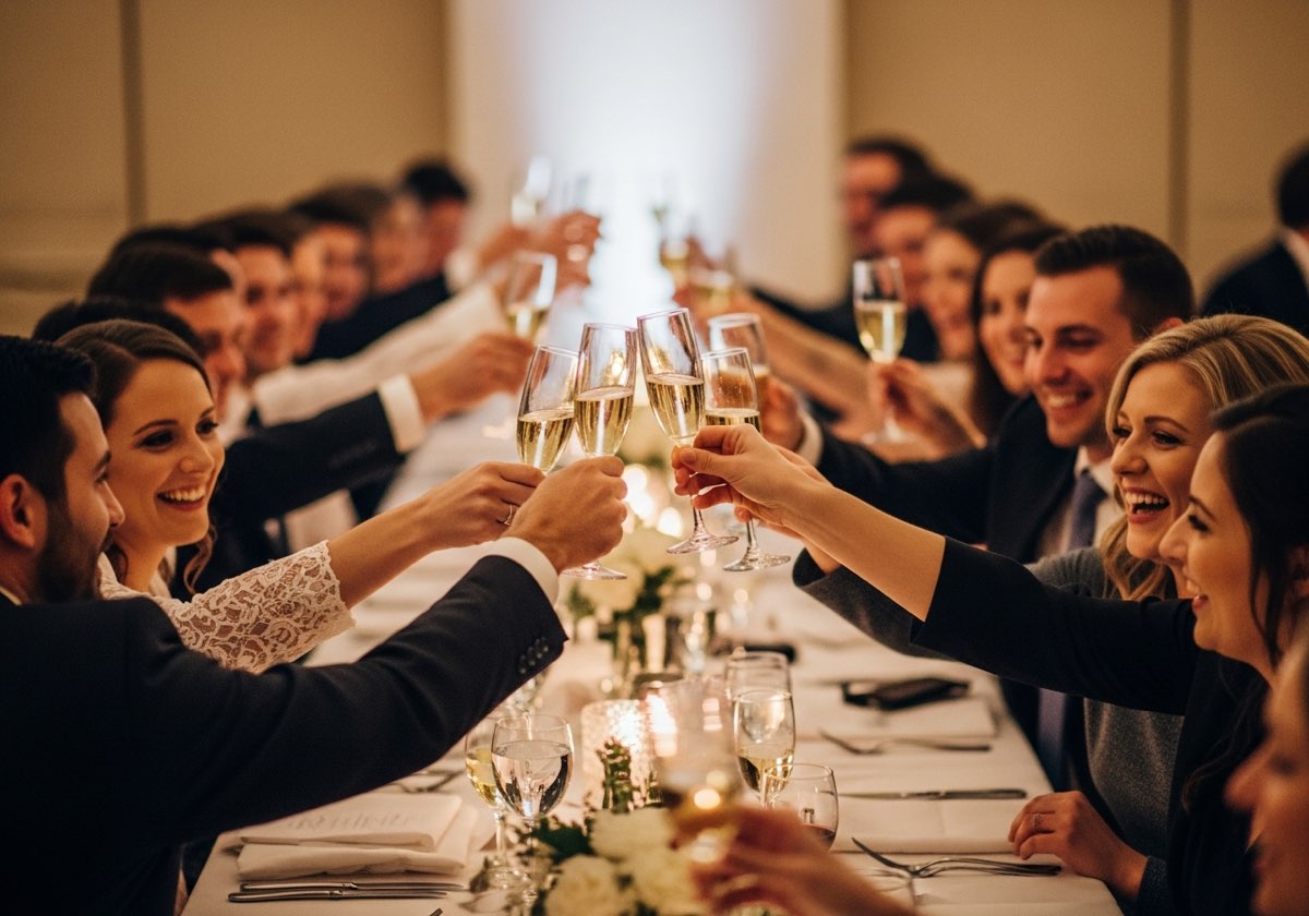 Guests raising glasses during a wedding reception toast