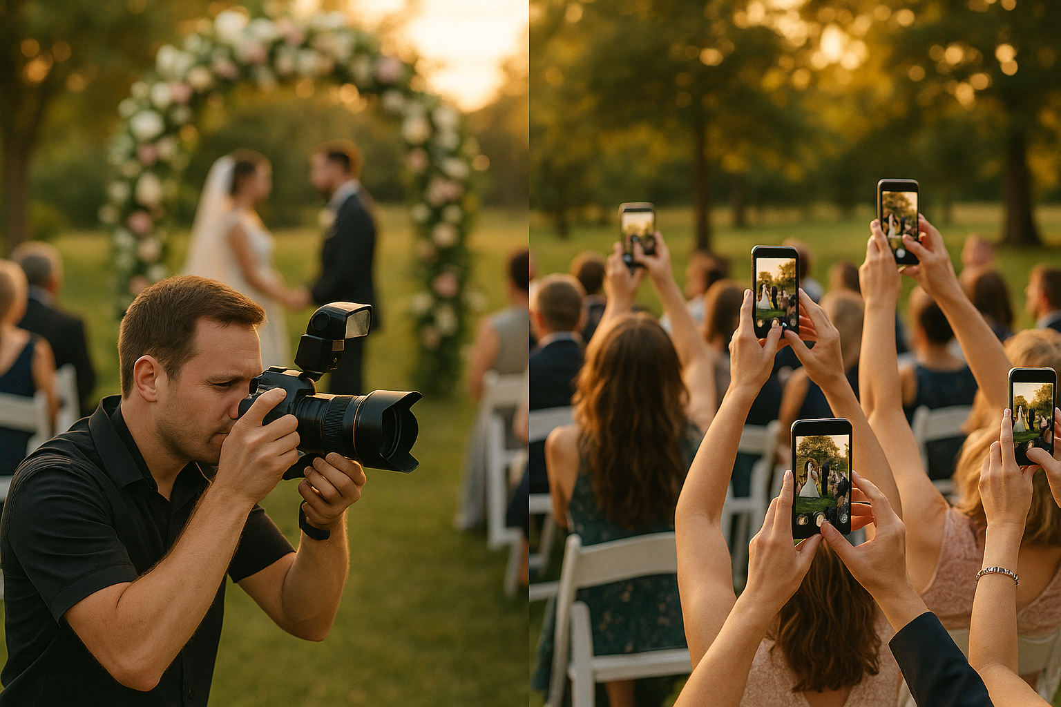 Comparison of a solo photographer versus many wedding guests capturing moments from different angles