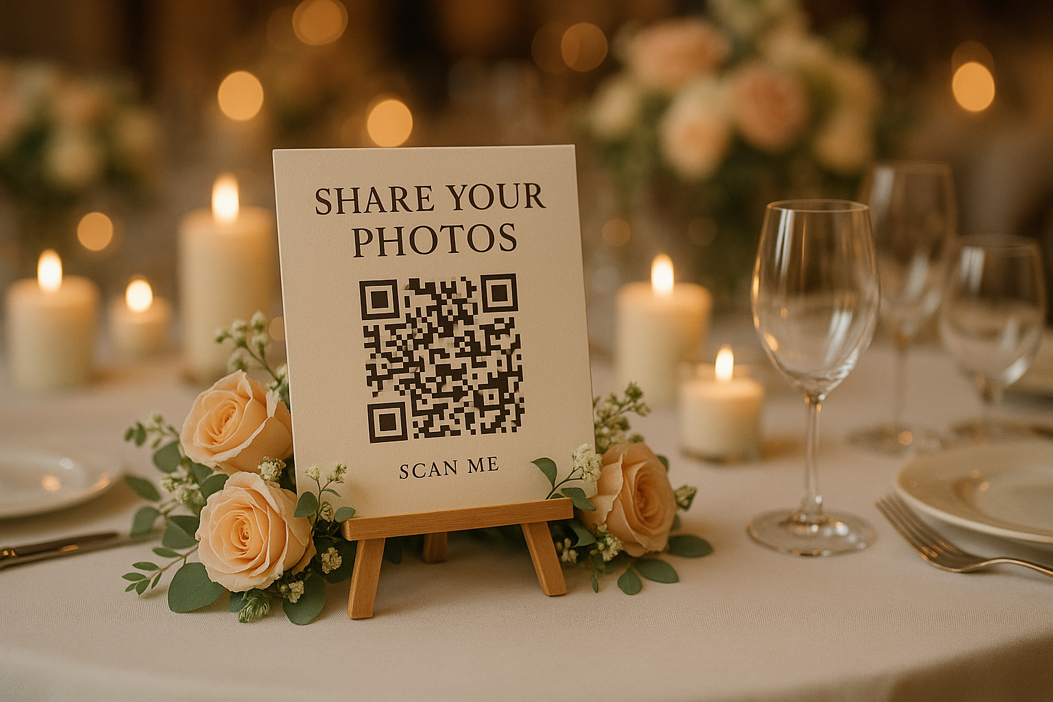 Elegant QR code photo sharing sign on a wedding reception table