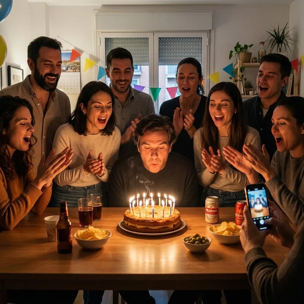 Invitados celebrando un cumpleaños alrededor de un pastel