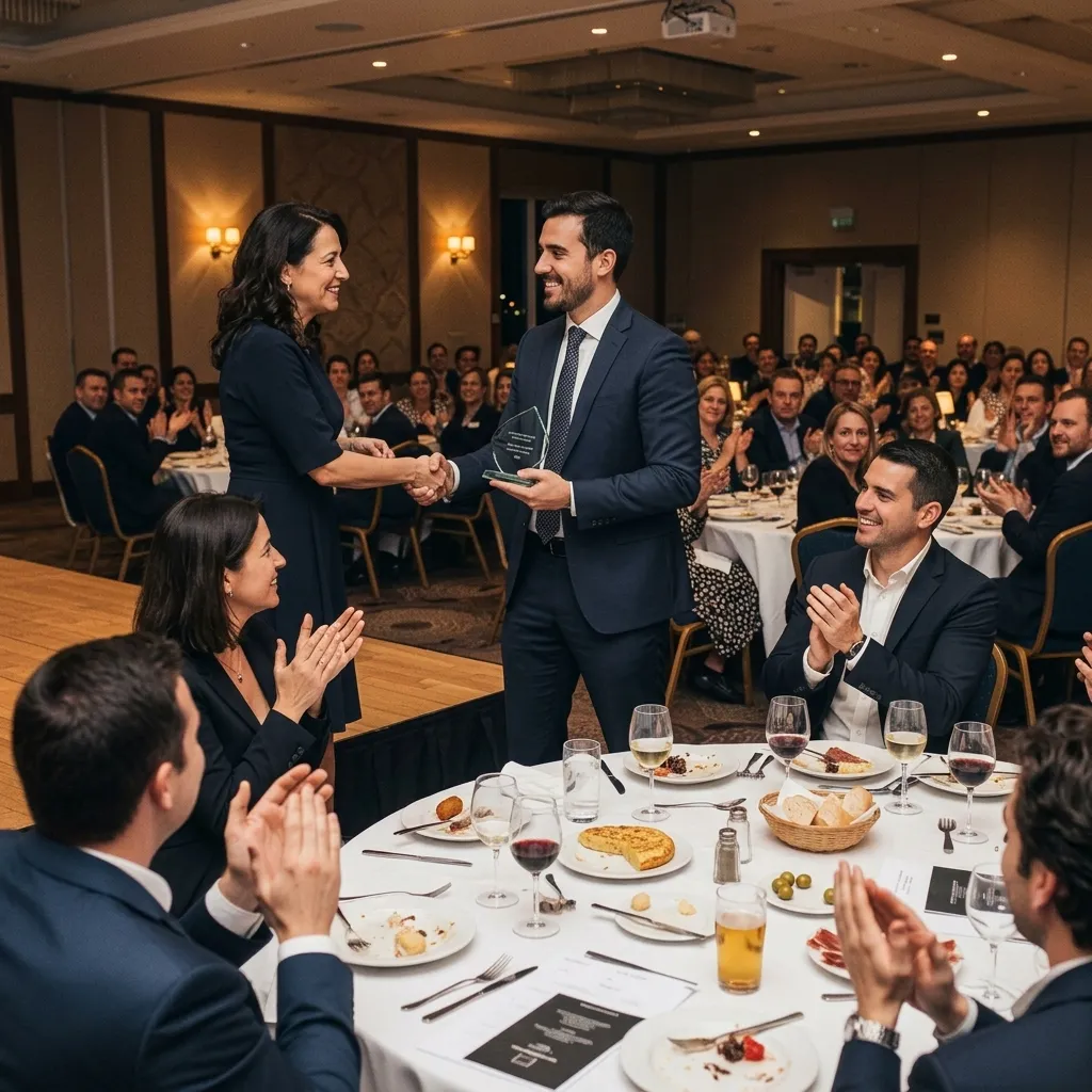 Asistentes a un evento de empresa reunidos para un momento de equipo