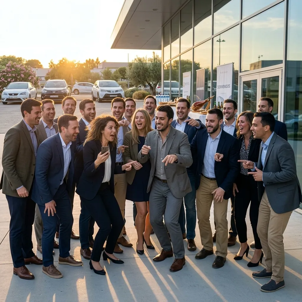 Invitados de un evento corporativo compartiendo un momento espontáneo