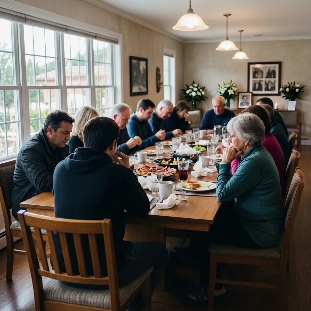 Una mesa con flores y fotografías en una tranquila celebración de la vida