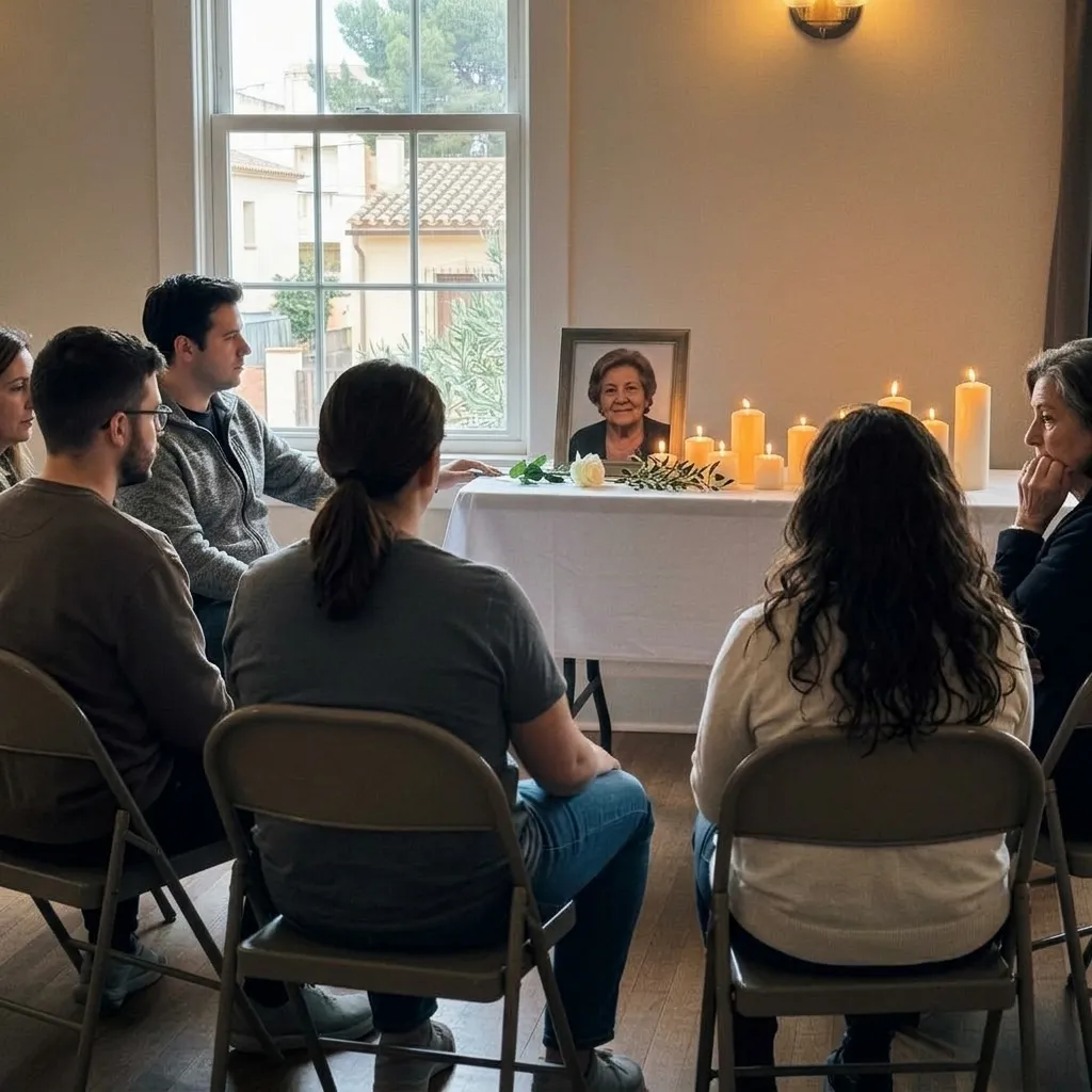 Una mesa conmemorativa con fotos familiares, flores y una vela