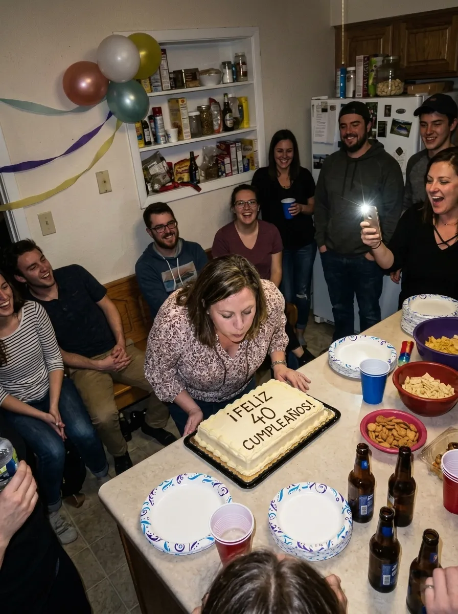 Amigos reunidos alrededor de la encimera de la cocina mientras ella sopla las velas de su cumpleaños número 40