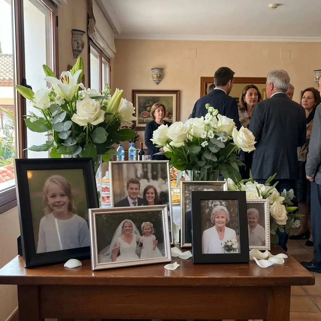 Fotos familiares enmarcadas y flores sobre una mesa de homenaje a un ser querido