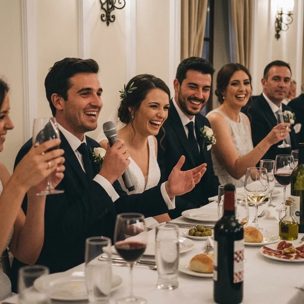 Invitados de una boda riéndose en su mesa durante los discursos