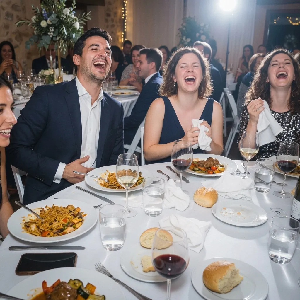 Invitados riendo juntos en una mesa de la celebración