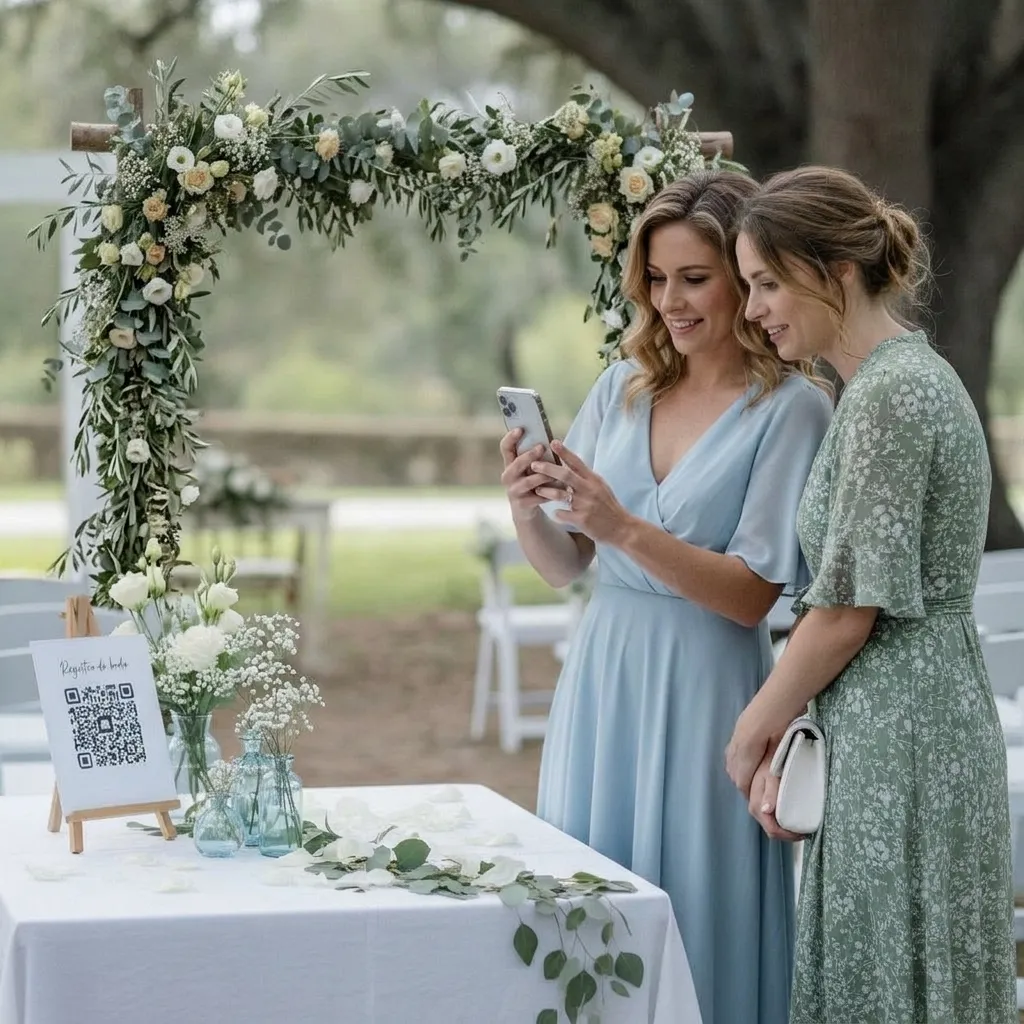 Dos invitados de boda escaneando el código QR de un cartel de bienvenida