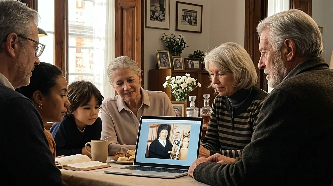 Familiares viendo juntos fotos en memoria de un ser querido