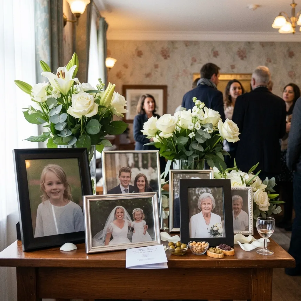 Des photos de famille encadrées et des fleurs sur une table lors d’une cérémonie d’hommage