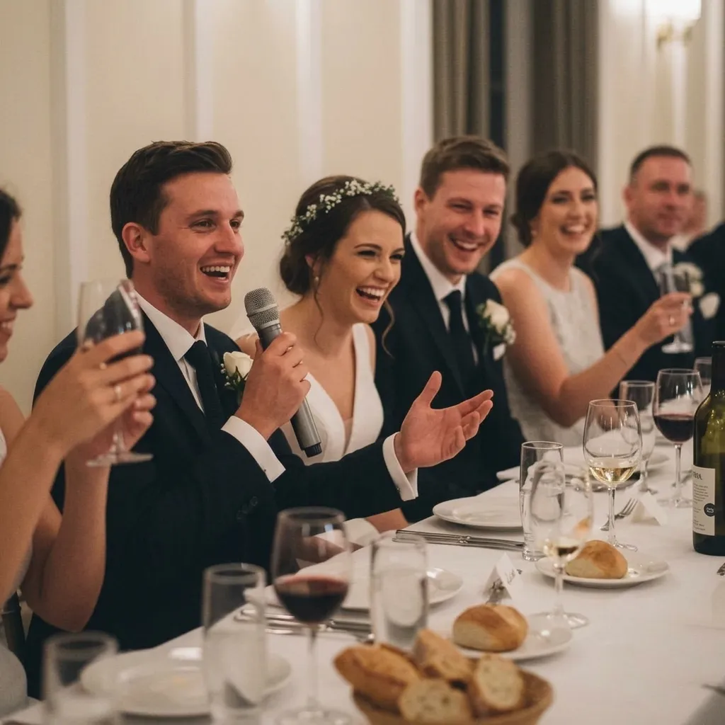 Des invités qui rient à leur table pendant les discours d’un mariage