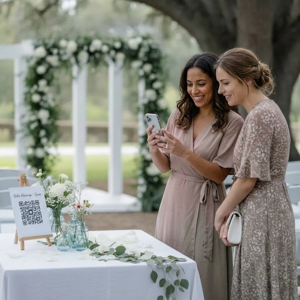 Deux invités à un mariage qui scannent avec un téléphone le QR code d’un panneau de bienvenue