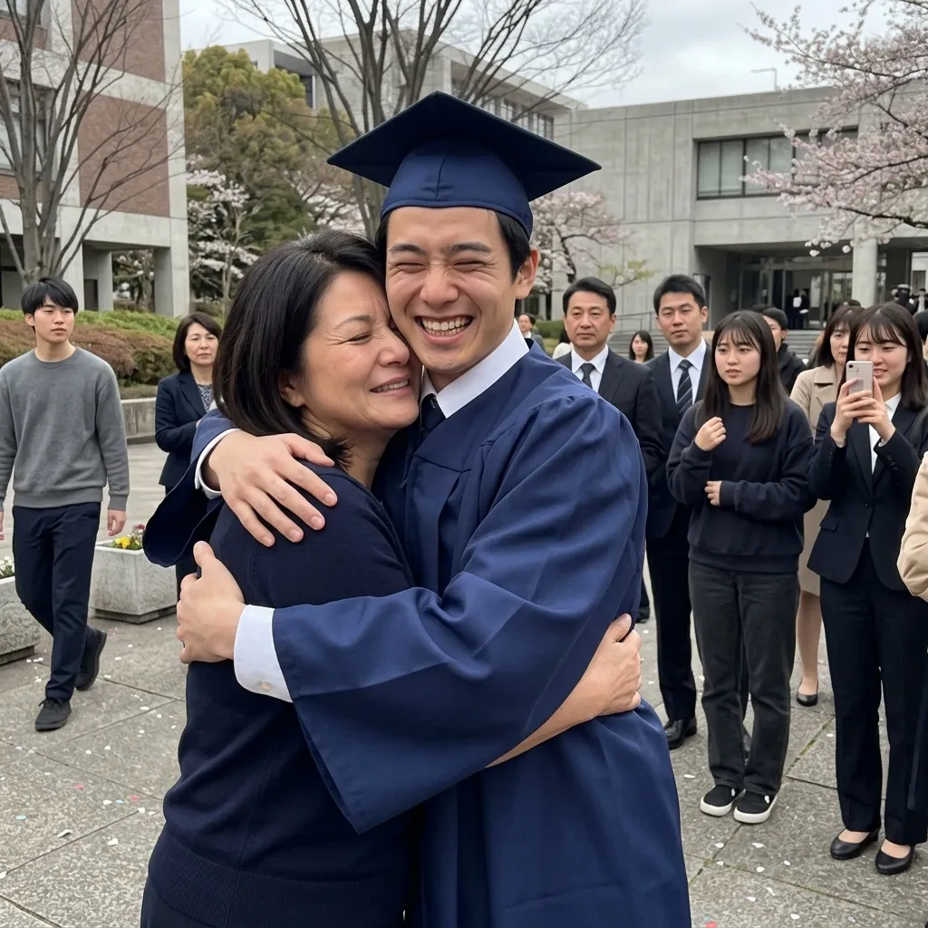 式の後に家族と抱き合う卒業生