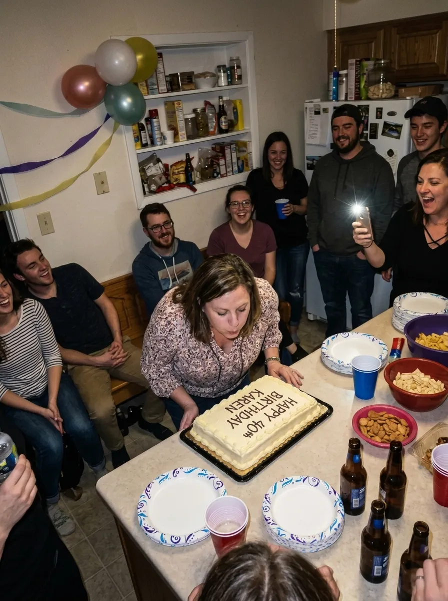 40歳の誕生日のろうそくを吹き消す女性と、キッチンカウンターを囲む友人たち