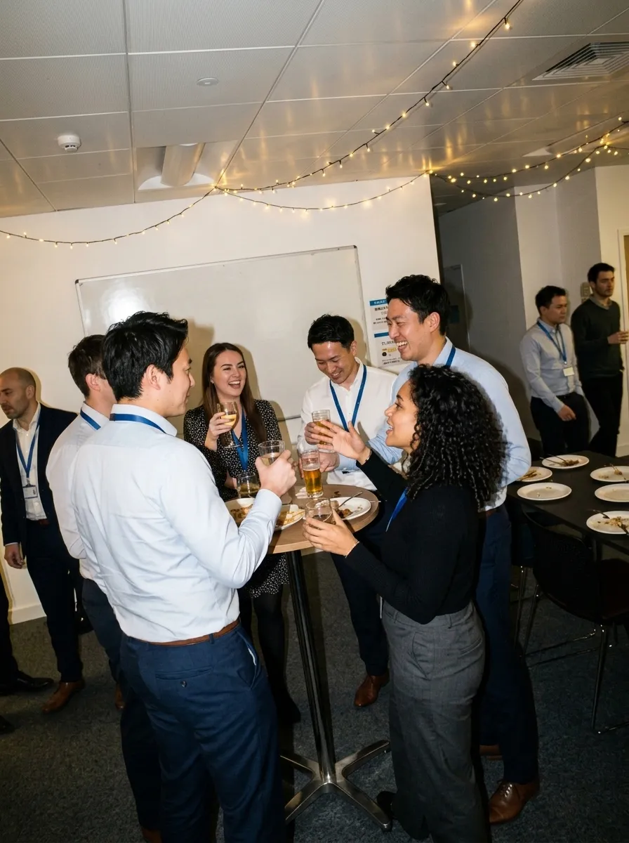 会社の忘年会で飲み物を片手に笑う同僚たち