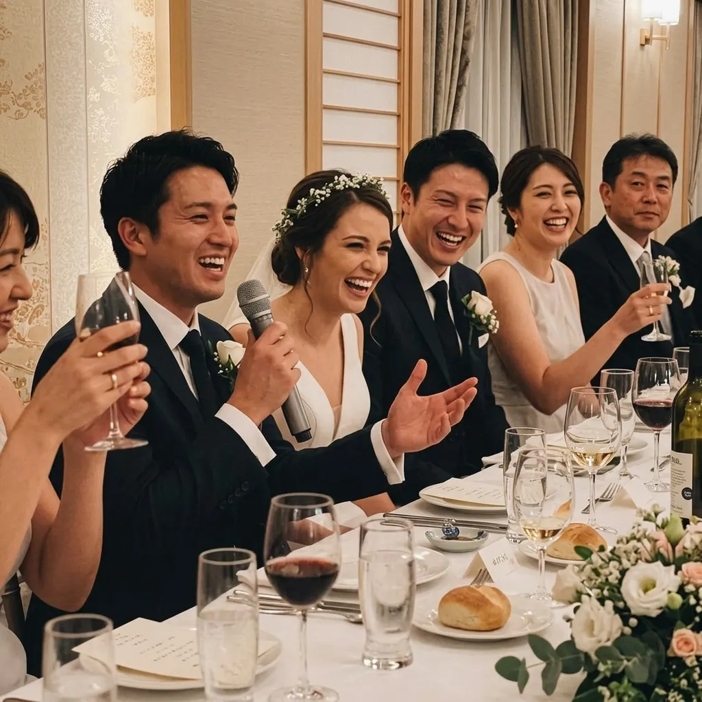 スピーチを聞きながらテーブルで笑う結婚式のゲストたち