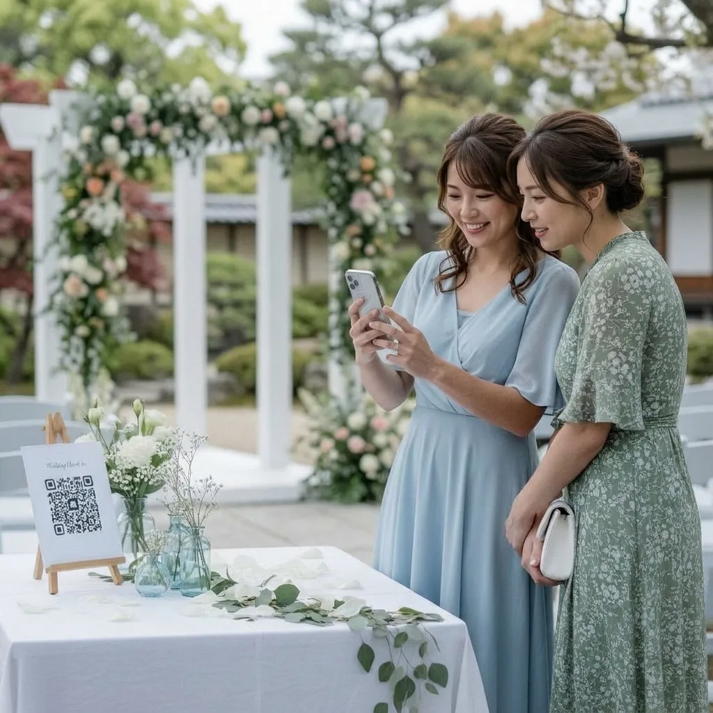 ウェルカムサインのQRコードを読み取る結婚式のゲスト2人