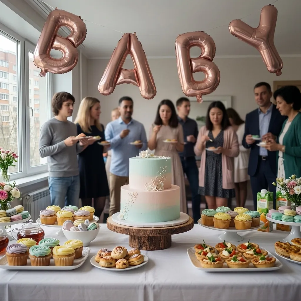 Гости смеются во время игры на baby shower
