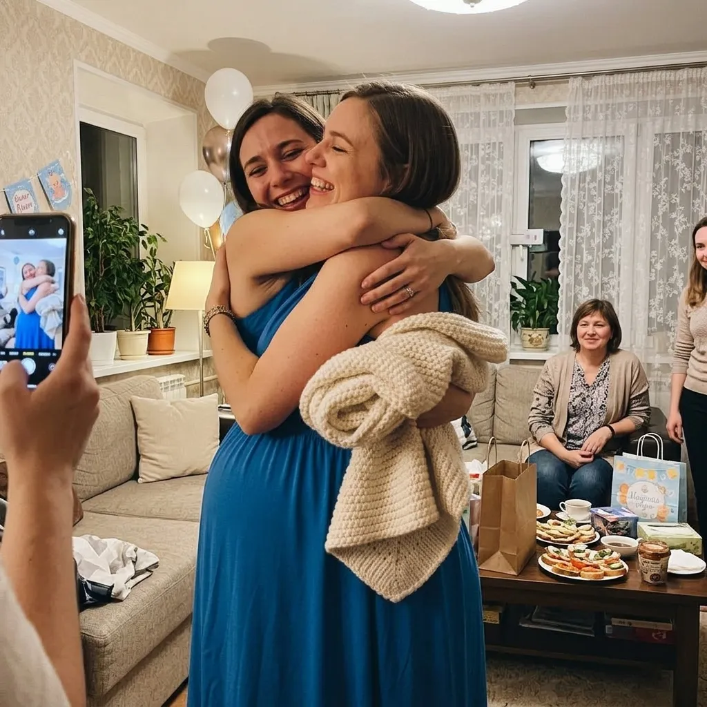 Будущий родитель открывает подарки на baby shower, а гости наблюдают