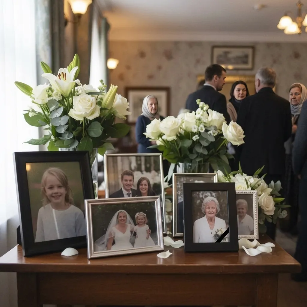 Семейные фотографии в рамках и цветы на памятном столе