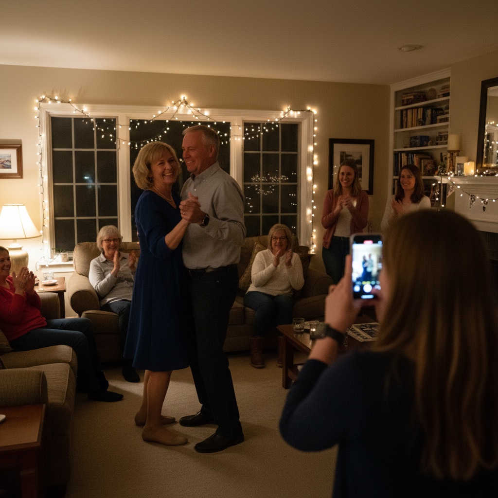 Anniversary couple slow-dancing in the living room while family watches