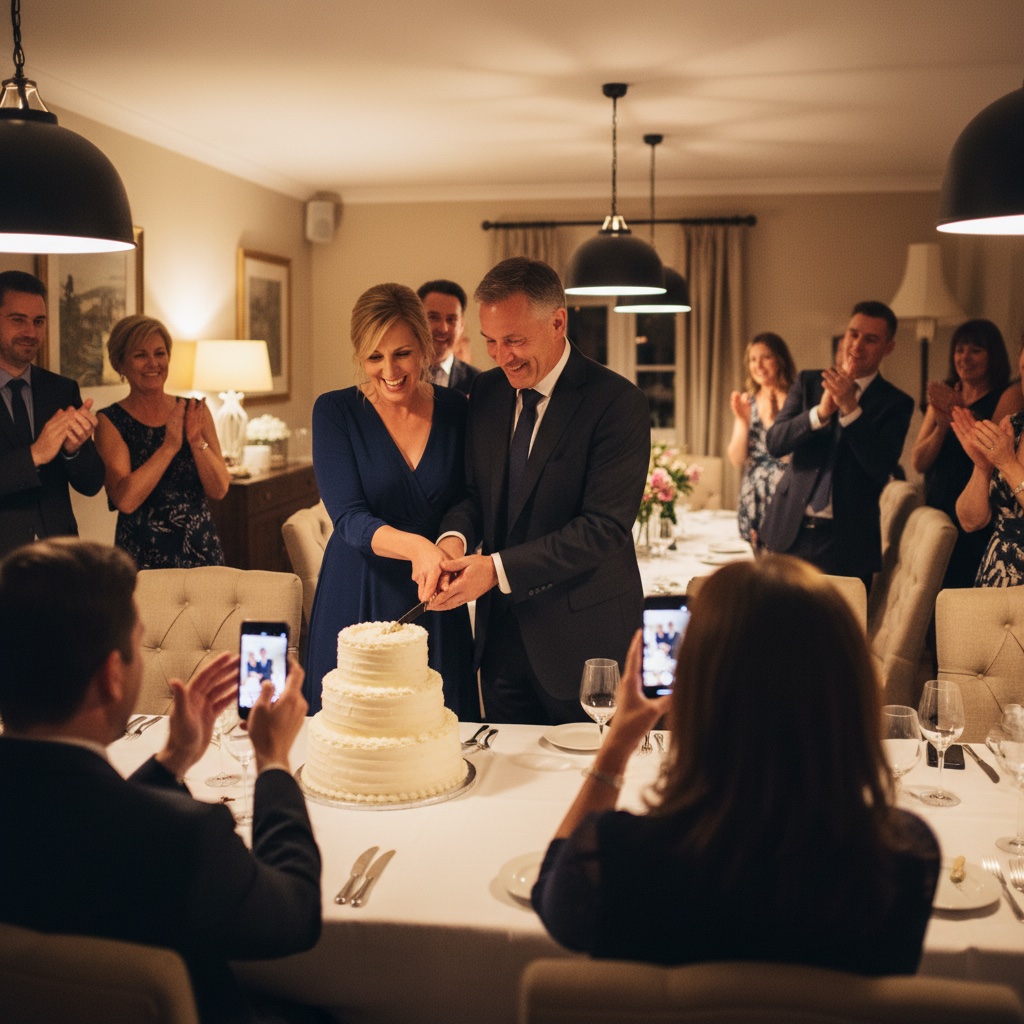 Anniversary couple cutting a cake together with guests applauding