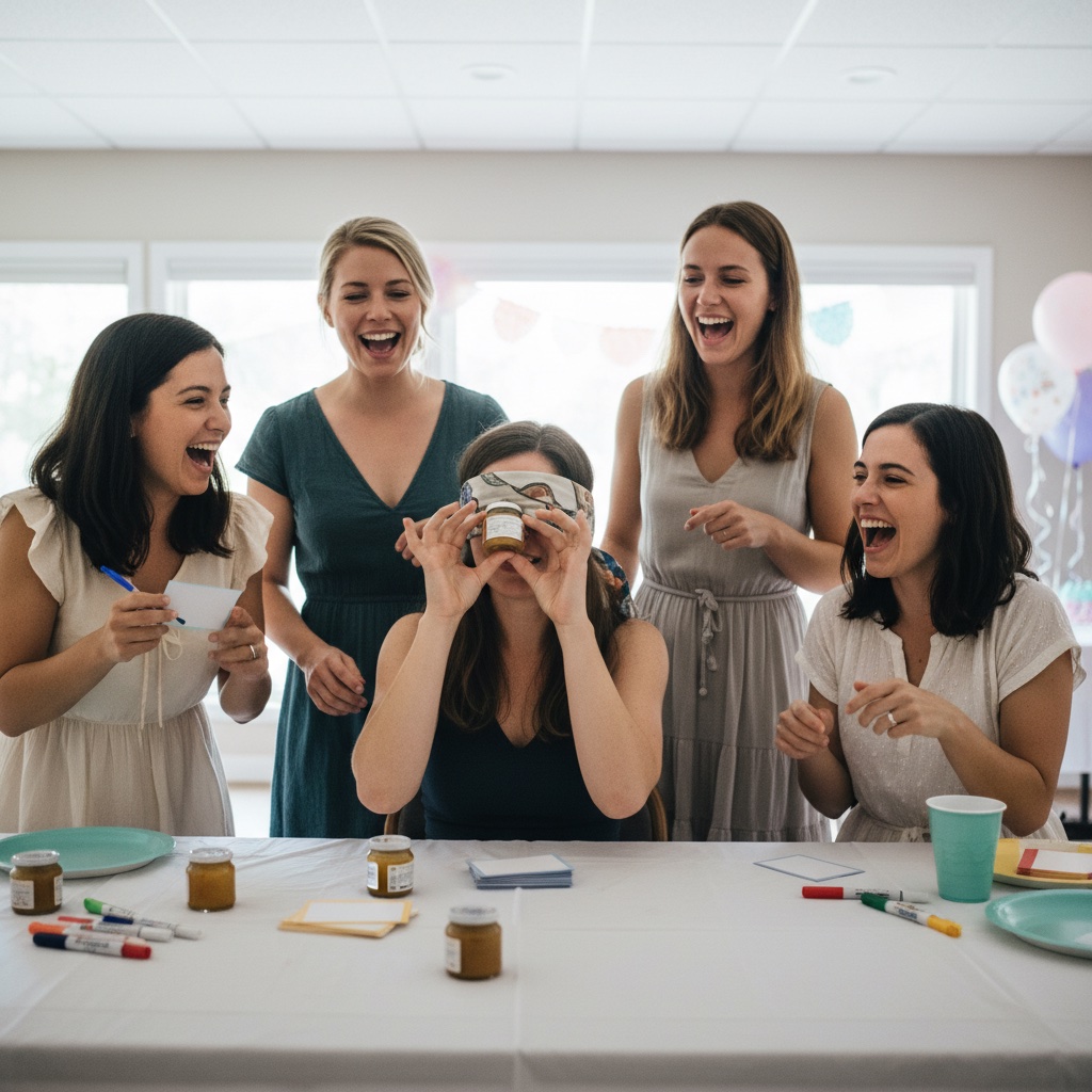 Baby shower games — woman blindfolded guessing baby food while friends laugh