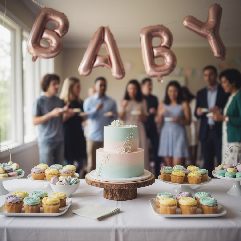 Pastel baby shower dessert table with cake and balloon banner