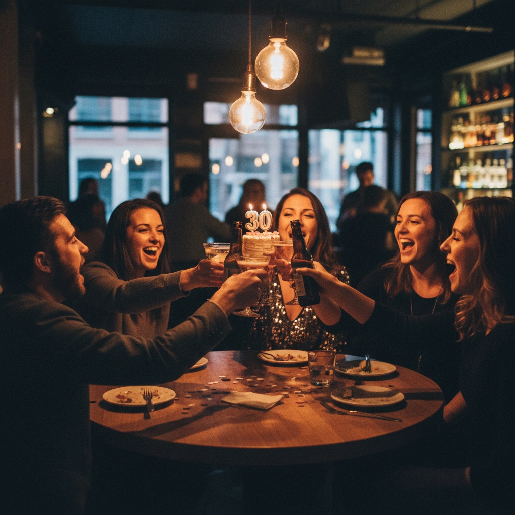 Friends toasting at a 30th birthday in a dimly lit bar