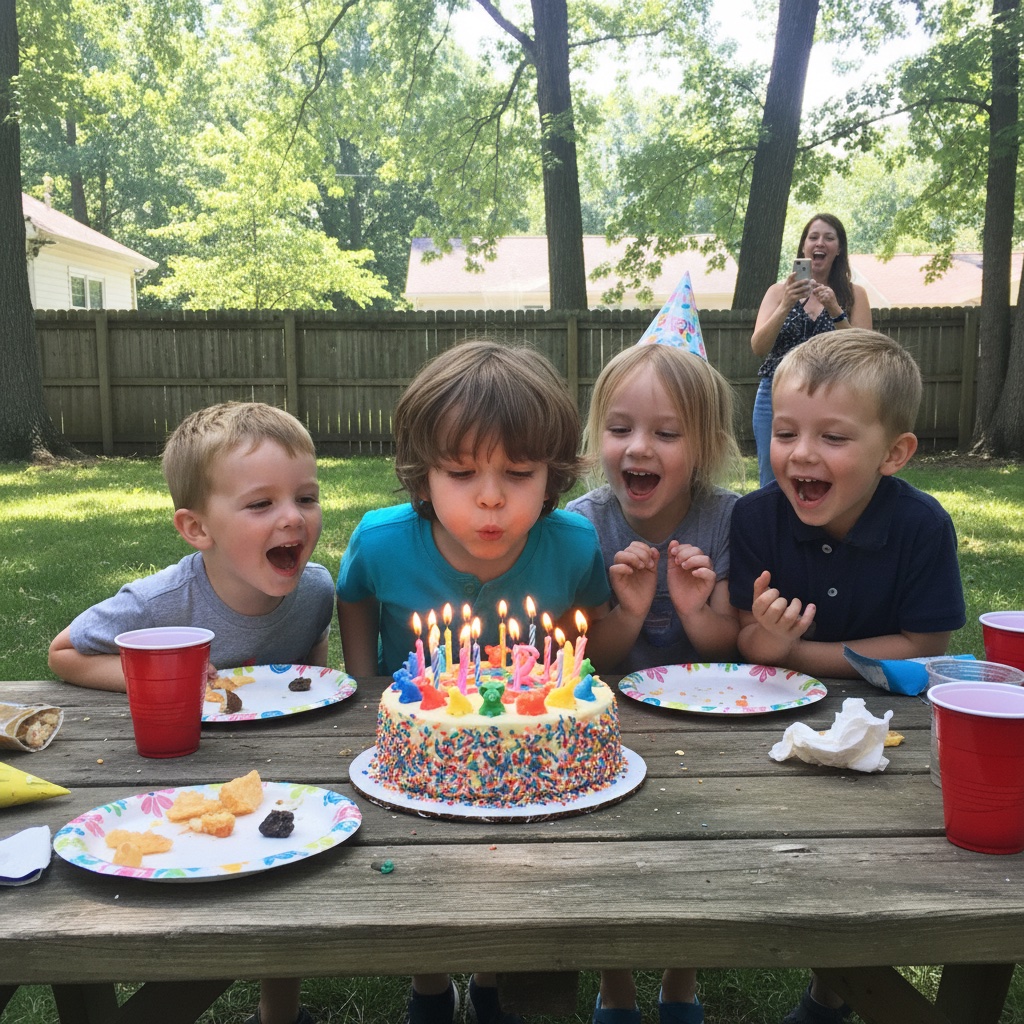 Kids birthday — child blowing out candles on a colourful cake