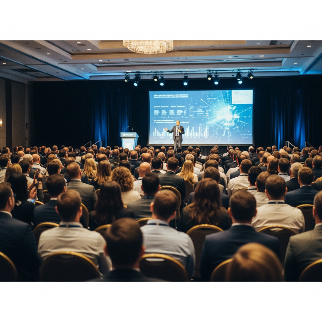 Packed conference keynote audience from an attendee seat