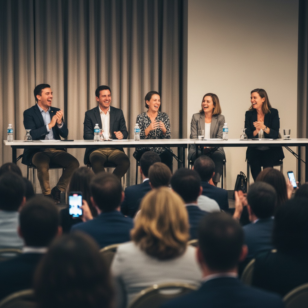 Conference panel discussion with attendees laughing