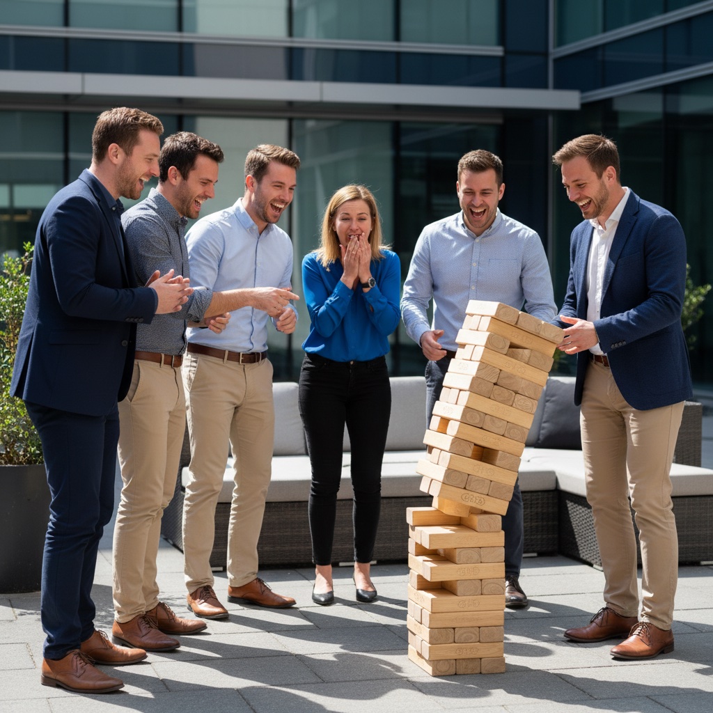 Colleagues playing giant Jenga at a corporate team-building event