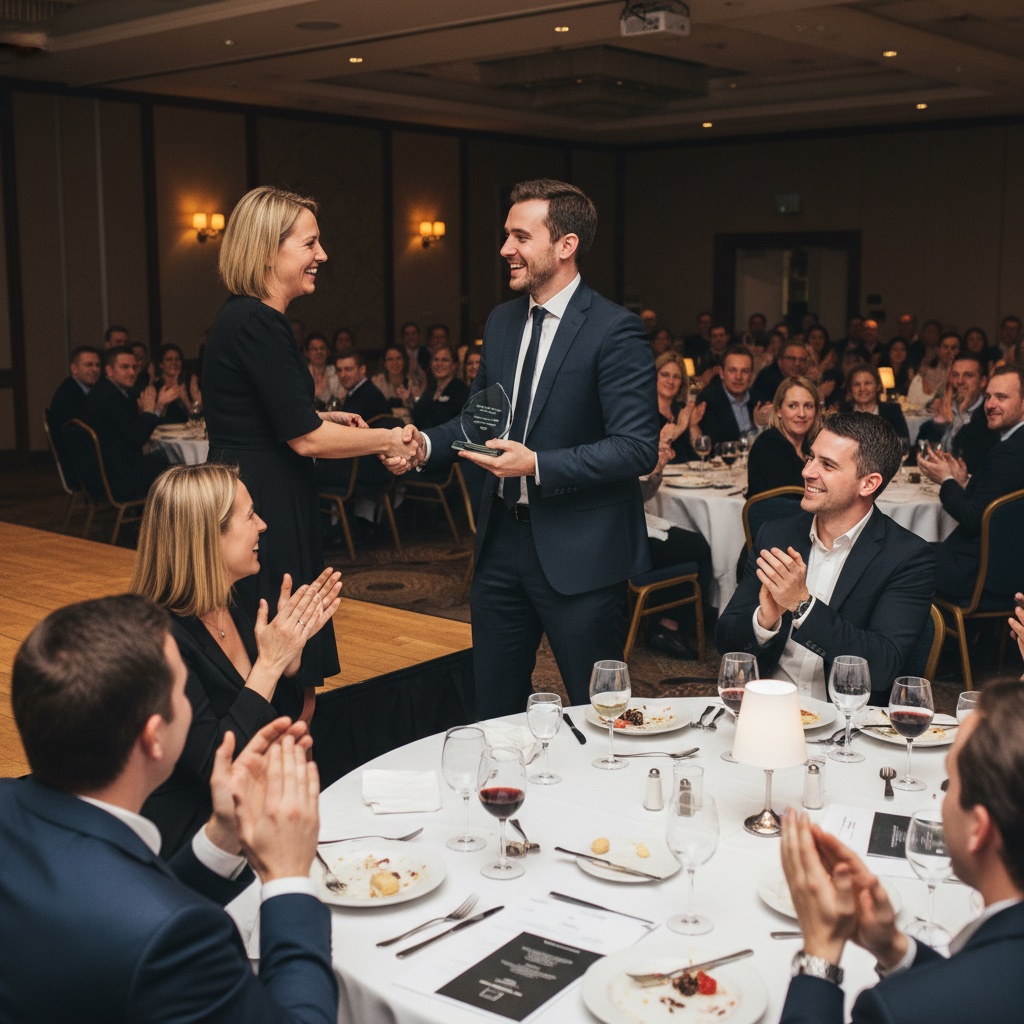 A colleague accepting an award at a company awards night