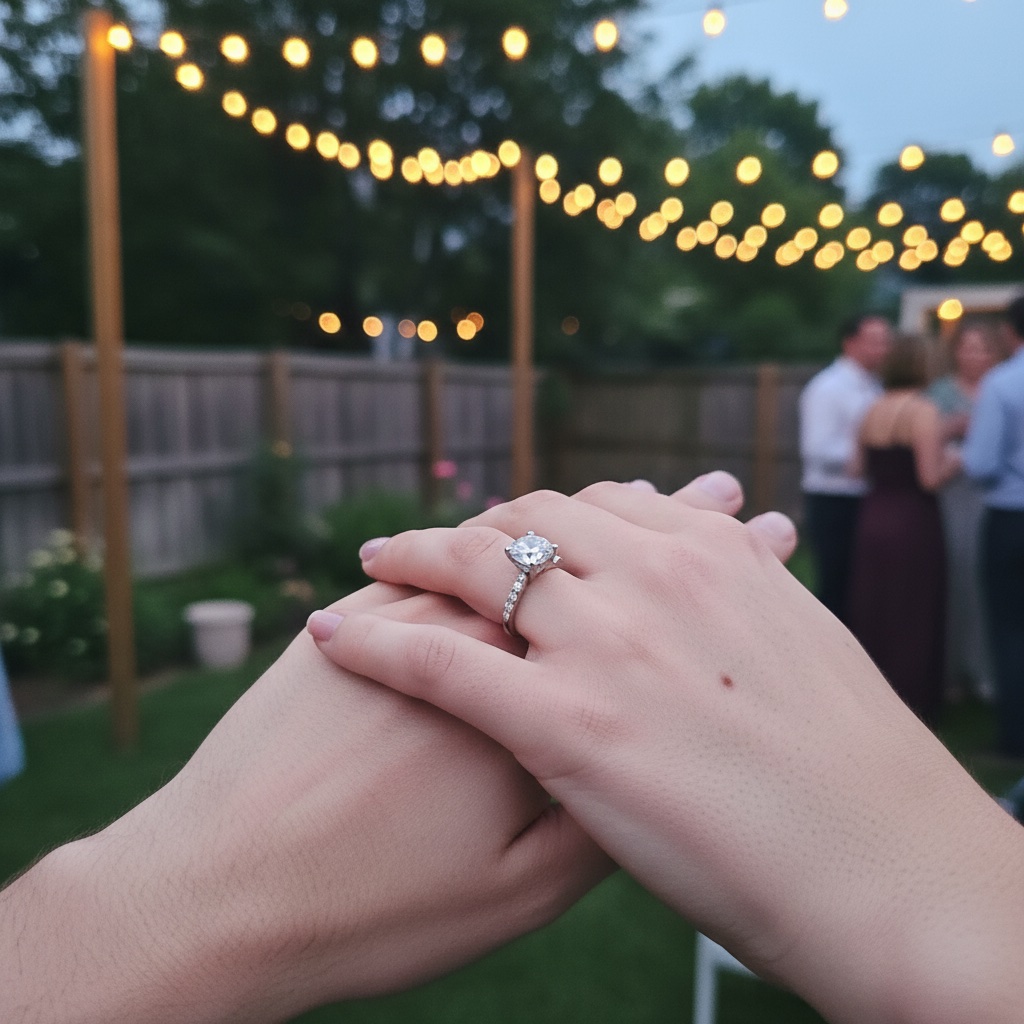 Close-up of an engagement ring under fairy lights at a backyard party