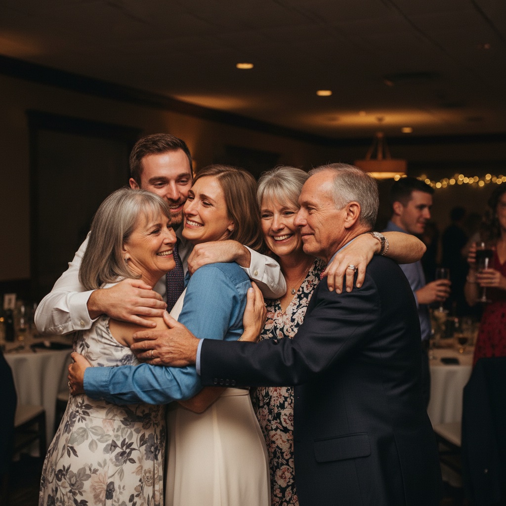 Engaged couple hugging their teary-eyed parents at the party