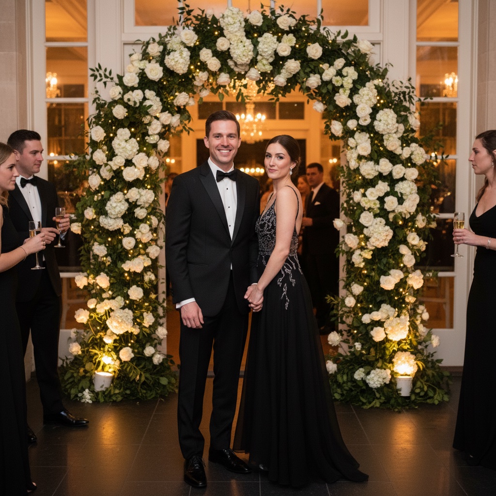 Gala arrival with a black-tie couple at the venue entrance