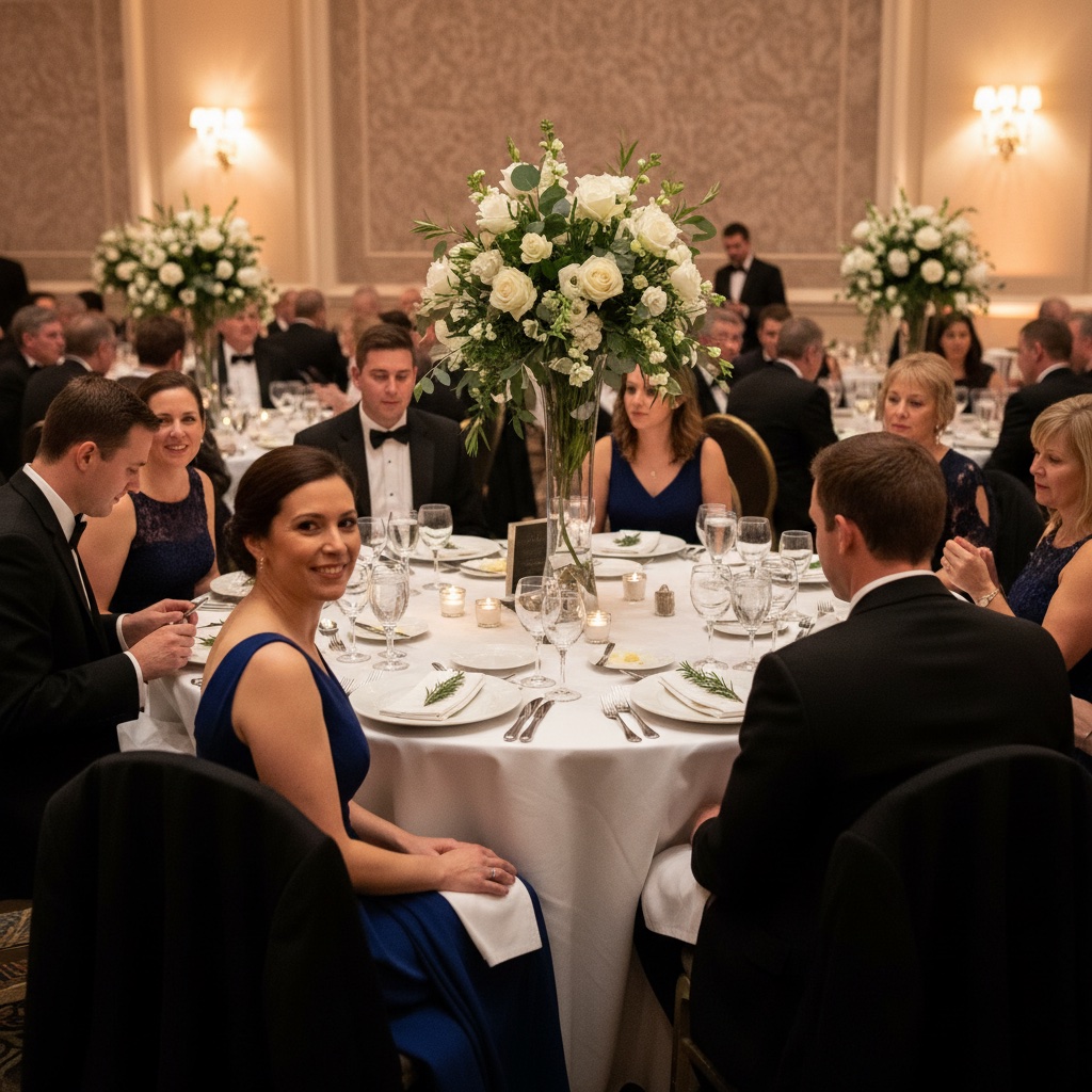 Gala dinner table with floral centrepieces, guests seating