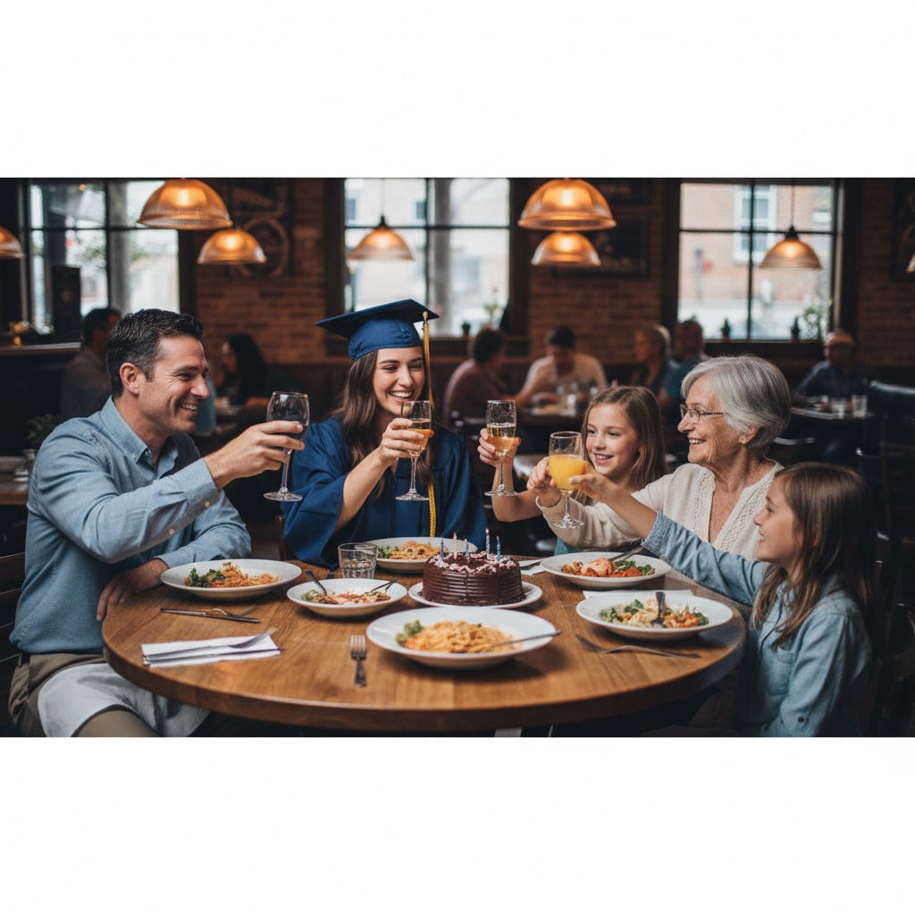 Post-graduation lunch with family, graduate still in gown