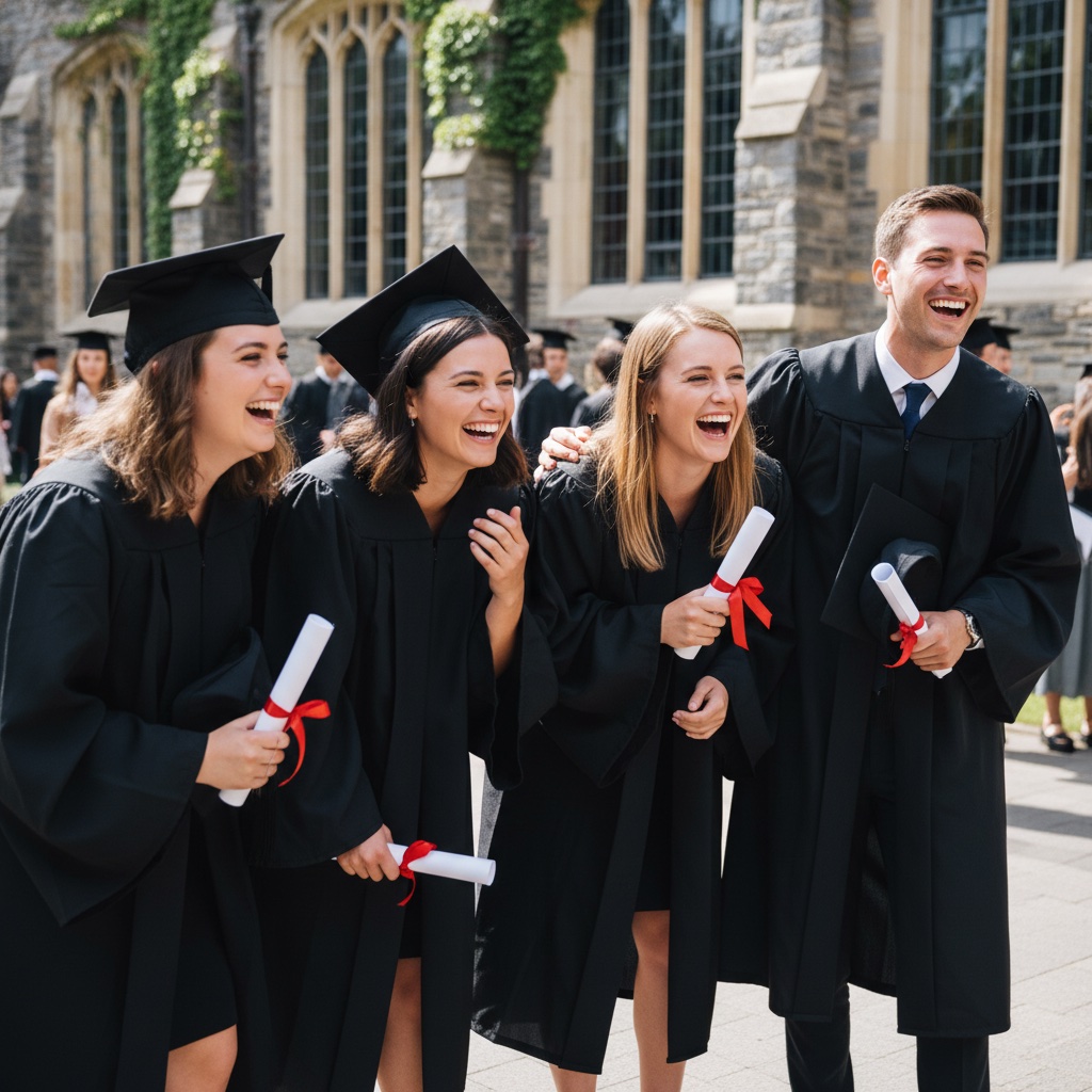 Graduates laughing together outside after the ceremony