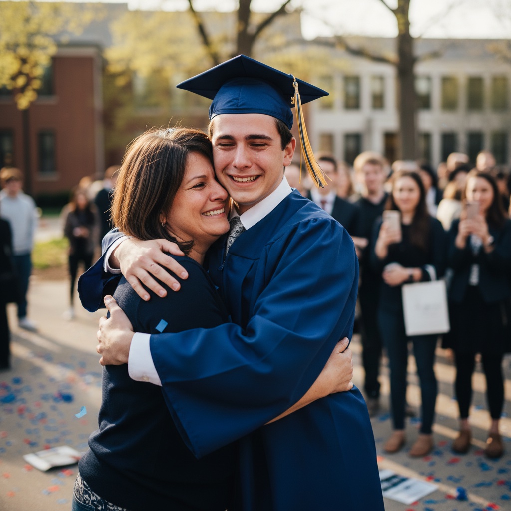Graduate hugging family after the ceremony