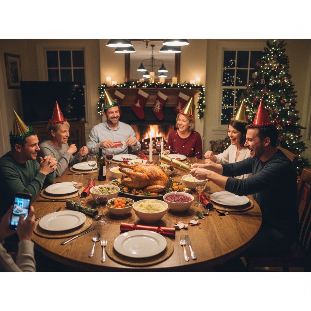 Christmas dinner table with crackers being pulled and party hats appearing