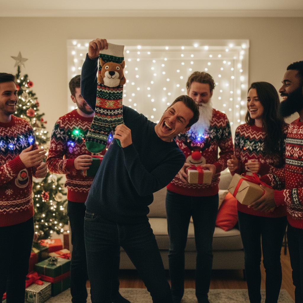 Secret Santa moment with someone laughing at a quirky gift
