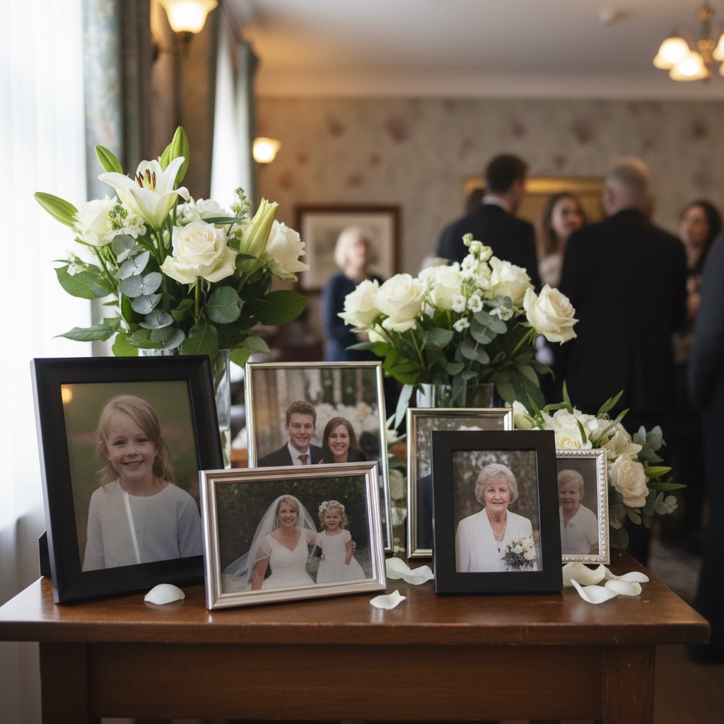 Memorial photo display with framed photos and flowers