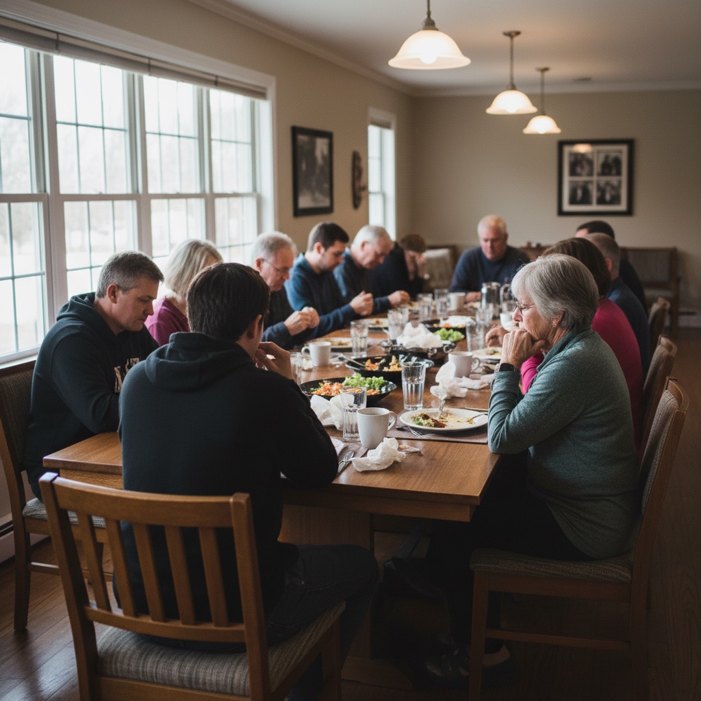 Mourners sharing a quiet meal after a memorial
