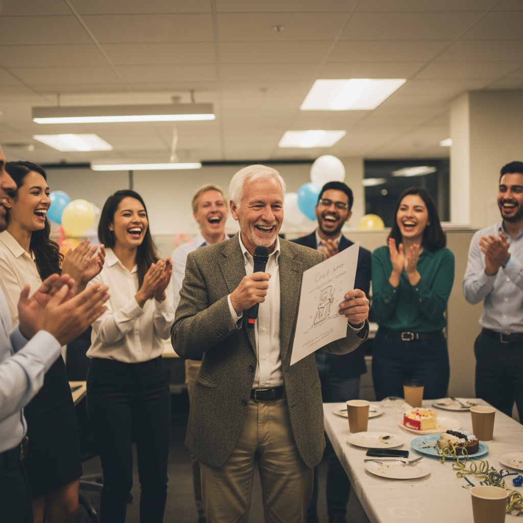 Retiree giving a short speech holding a card from their team