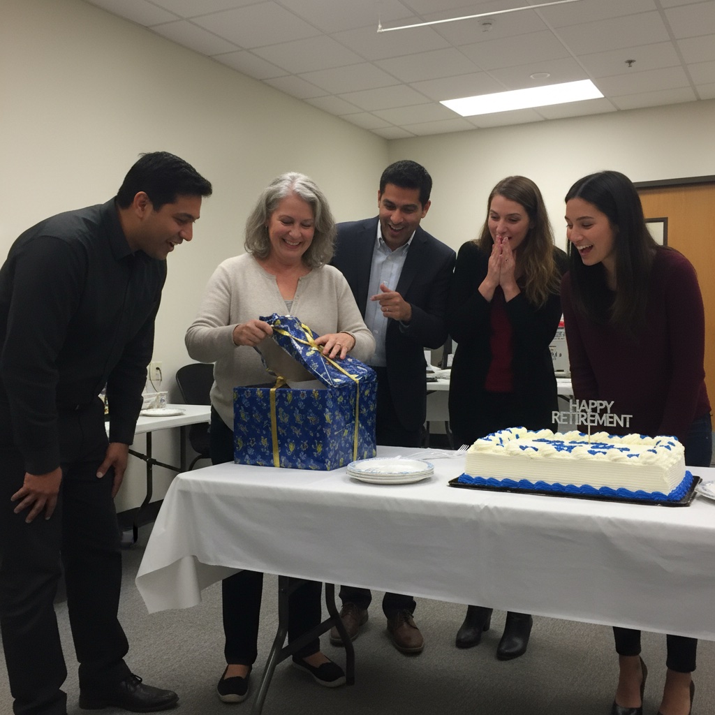 Retiree opening a wrapped gift while colleagues lean in